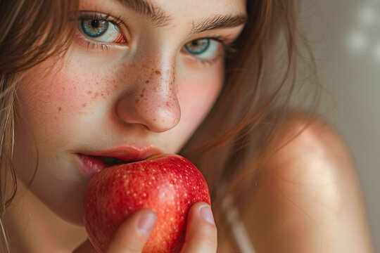 Young woman eating red apple fruit