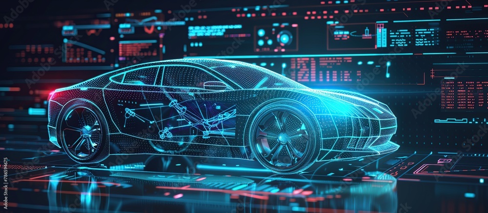 Fototapete futuristic auto service station with 3d smart car and hud interface. hologram auto in low poly style