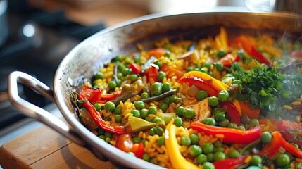 Vegetable paella with saffron-infused rice bell peppers and peas. Restaurant dish, serving,...