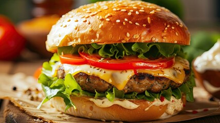 Veggie burger topped with melted cheese lettuce and tomato. Restaurant dish, serving, seasonal...