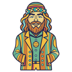 Vibrant illustration of a hippie man in disco-inspired attire, capturing the spirit of the 70s