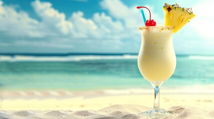 Tropical pina colada with a slice of pineapple and cherry on a sunny beach. Alcohol, glass, bar, club. Enjoy of aromatic drinks and company of friends concept. Generative by AI - obrazy, fototapety, plakaty