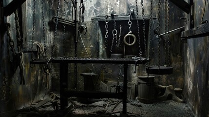 Torture chamber with an iron maiden and other gruesome device, chains, horror, thriller. Gloomy place, ghosts, paranormal, gothic, middle ages, ruins, dampness, mysticism, fear. Generative by AI