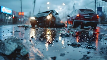 Twilight Aftermath: Reflective Silence in a Car Accident Scene. Concept Car Accident Scene, Twilight Hour, Reflective Silence, Aftermath, Dramatic Lighting