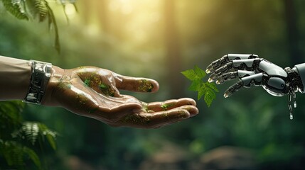 The role of AI in environmental sustainability and conservat. Modern technologies, world of future, robots, cyborgs. Harmony between human concept. Satisfying consumer needs concept. Generative by AI