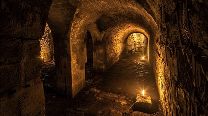 Subterranean torture chamber illuminated by flickering torch. Gloomy place, ghosts, paranormal, gothic, middle ages, ruins, dampness, mysticism, fear. Generative by AI