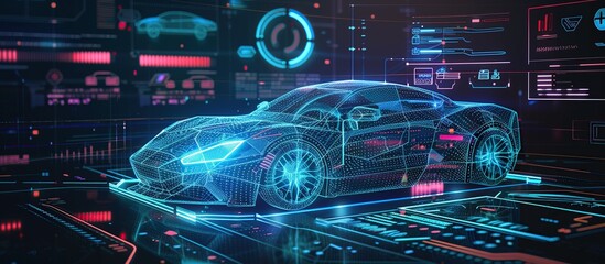Futuristic auto service station smart car. Scan and Maintenance Automobile in 3D visualization hologram.