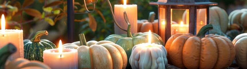Golden Hour Harvest: Pumpkin and Candlelit Ambiance Banner, Reserved Left-Side Space for Text - Imagine a banner capturing the intimate glow of candlelight illuminating a selection of pumpkins - obrazy, fototapety, plakaty