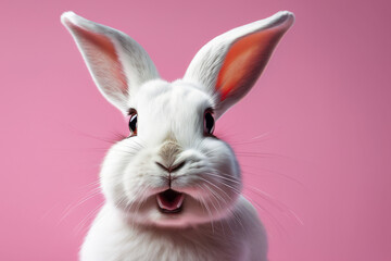 Fototapeta premium Front view of a white cute bunny standing on a pink background. A remarkable act by a young rabbit.