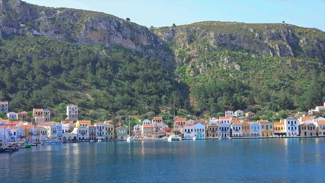 beautiful view of the island of Kastellorizo from the approaching boat. April 2024