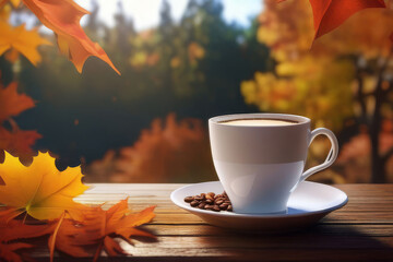 Autumn leaves and a hot steaming cup of coffee. Wooden table and cup of coffee on autumn background. Autumn season, free time, coffee break, September, October, November concept.