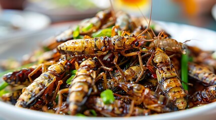 Fried insects wood worm insect crispy with pandan after fried and add a light coating of sauce