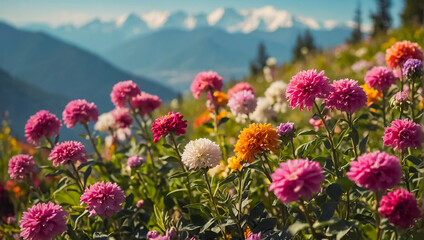 Fototapeta premium Beautiful flowers, mountains in the background