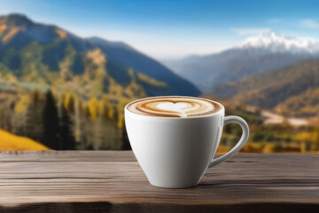 A steaming cup of coffee against the backdrop of autumn mountains. Wooden table and cup of coffee in the mountains in autumn. Autumn season, free time, coffee break, September, October, November - obrazy, fototapety, plakaty
