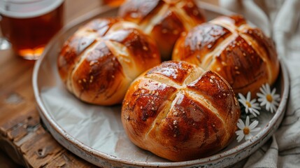   A plate bearing hot cross buns sits atop a weathered wooden table Nearby, a steaming cup of tea and a glass of beer await