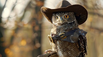 Owl in a cowboy costume, wild west theme, western aesthetics, feathered, bird. Mascot, surrealism, realistic style, cowboy hat, poncho. Concept of a wild creature in human clothing. Generative by AI - obrazy, fototapety, plakaty