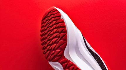 A white, black, and red shoe sole on a red background.
