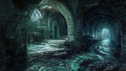 Mysterious underground river flowing through depths of old castle. Gloomy place, ghosts, paranormal, gothic, middle ages, ruins, mysticism, uncomfortable place, ancient sewer. Generative by AI - obrazy, fototapety, plakaty