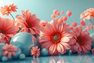 Cluster of spheres and flowers 3d rendering