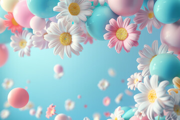 Fototapeta na wymiar 3d render of colorful balloons and flowers on blue background. Abstract balloon spring floral background with space for text