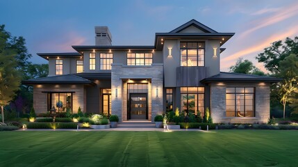Contemporary Home Exterior. Green Grass, Meticulous Landscaping, Warm and Inviting House. Luxurious new construction home