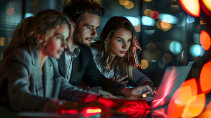 three young businesspeople working on laptop in their office late at night, teamwork, collaboration