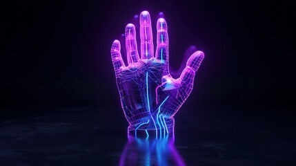 3d render techno neon purple blue glowing outline wireframe symbol of glove for work isolated on black background with glossy reflection on floor 