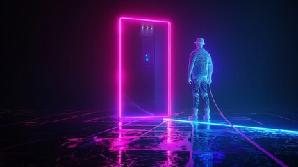 3d render techno neon purple blue glowing outline wireframe symbol of frame metal detector with person isolated on black background with glossy reflection on floor  - obrazy, fototapety, plakaty