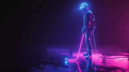 3d render techno neon purple blue glowing outline wireframe symbol of frame metal detector with person isolated on black background with glossy reflection on floor  - obrazy, fototapety, plakaty