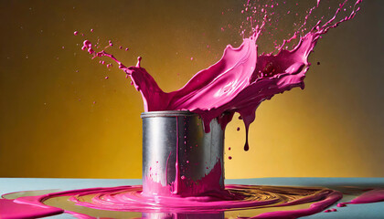 Can of pink paint with splashes levitating isolated on yellow background. Drops flying in the air.