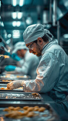 A Food Scientist Collaborating with food engineers and production teams to scale up recipes for commercial manufacturing, realistic people photography