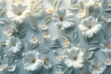 Botanical 3d background, white 3d flowers 3d rendering