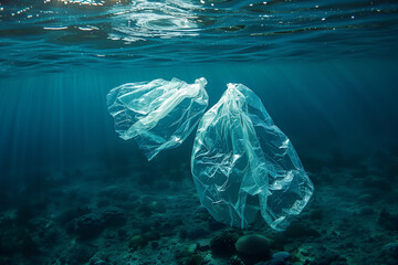 Plastic pollution in ocean environmental problem - obrazy, fototapety, plakaty