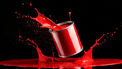 Can of red paint with splashes levitating on black background. Drops flying in air. Abstract shape.