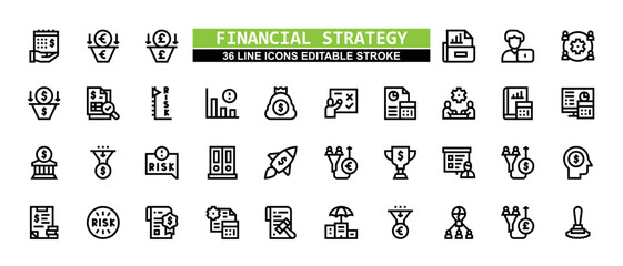 36 Financial Strategy Line Icons Set Pack Editable Stroke Vector Illustration.