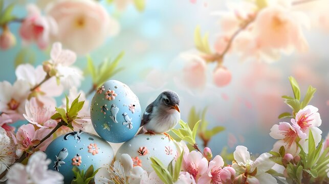 Decorated Easter eggs with spring flowers and birds. Holiday background, pastel colors