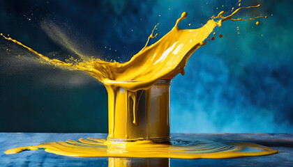 Can of yellow paint with splashes levitating on blue background. Drops flying in air. Abstract shape