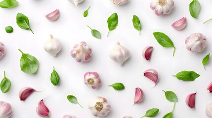 garlic with leaves isolated on white background. Top view. Flat lay.. - obrazy, fototapety, plakaty