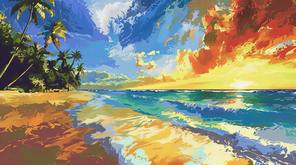 A vibrant printed image of a dreamy beach scene on high-quality paper - obrazy, fototapety, plakaty