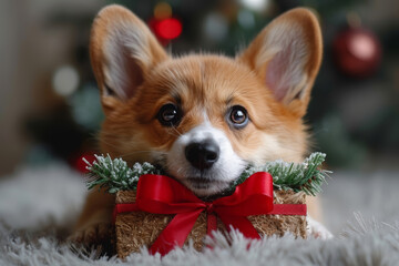 A Corgi dog and a gift box with red ribbon, bokeh background, Christmas mood, closeup shot