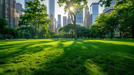 Green lawn with city skyline. Green Space, park in financial center.
