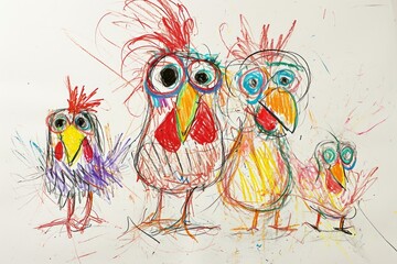 The hand drawing colourful picture of the group of the various type of chicken that has been drawn by the colored pencil or crayon on the white background that seem to be drawn by the child. AIGX01. - obrazy, fototapety, plakaty