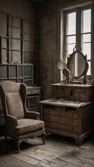Room, seemingly untouched by time, filled with vintage furniture. Wooden cabinet, adorned with oval mirror, various trinkets, stands against wall. Beside this cabinet. - obrazy, fototapety, plakaty