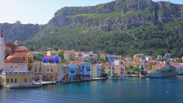 beautiful view of the island of Kastellorizo from the approaching boat. April 2024