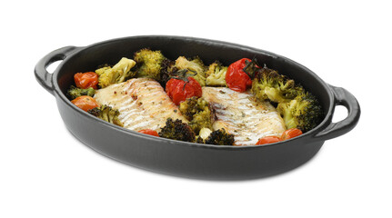 Tasty cod cooked with vegetables in baking tray isolated on white
