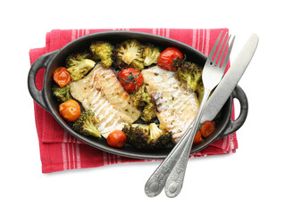 Tasty cod cooked with vegetables and cutlery isolated on white, top view