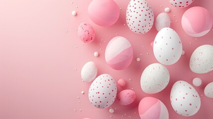 Fototapeta na wymiar Happy Easter concept. White Pink pastel Easter eggs on soft background. Creative Easter Egg Holiday set.