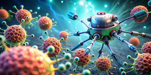 Nanobot attacking cancer cell, nanotechnology medical concept, 3D illustration. Nano sized robots developed to treat cancer - obrazy, fototapety, plakaty