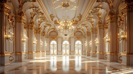interior of gold palace. interior view of luxury ballroom or hall decorated with chandelier.
