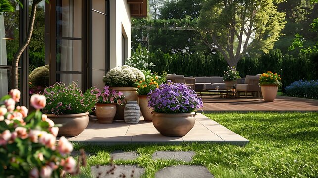 Image of backyard patio with large flower pots and tranquil sitting area